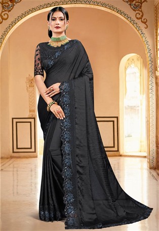 black satin silk designer saree