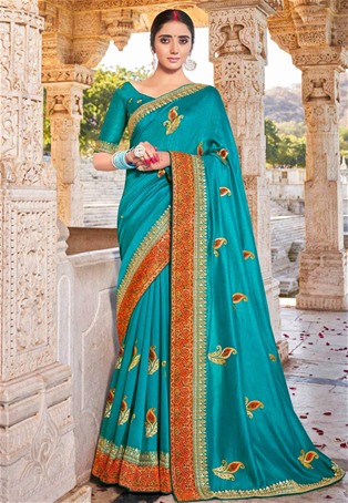 blue vichitra silk designer saree