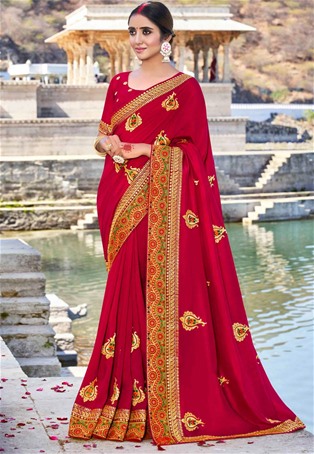 red vichitra silk designer saree