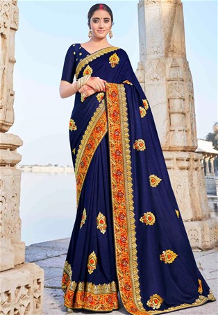 navy blue vichitra silk designer saree