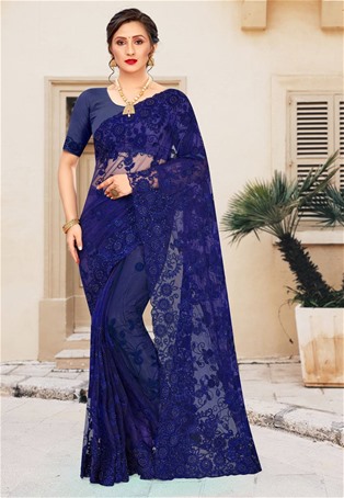 blue net wedding saree