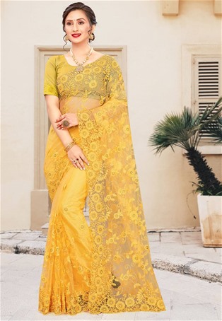 yellow net wedding saree