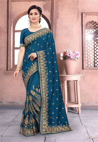 teal blue vichitra silk wedding designer saree
