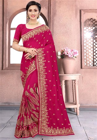 rani pink vichitra silk wedding designer saree