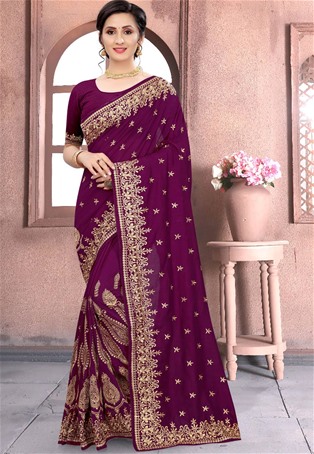 violet vichitra silk wedding designer saree