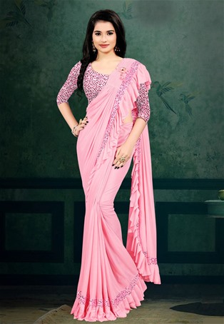 light pink lycra ruffle saree