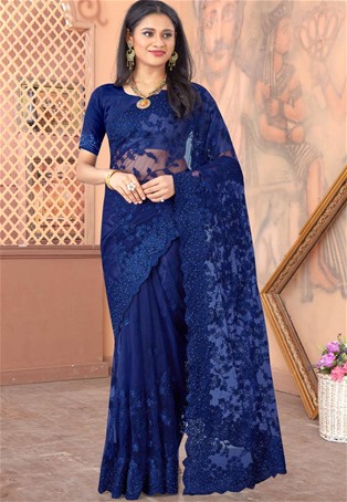 nevy blue net wedding designer saree
