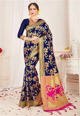 navy blue banarasi silk designer saree