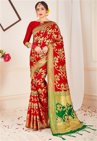 red banarasi silk designer saree