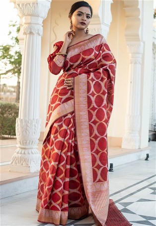 red tussar silk designer saree