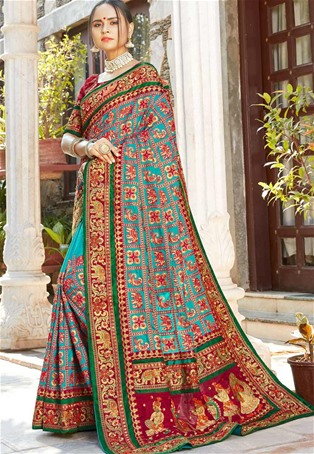 turquoise satin silk embroidered saree