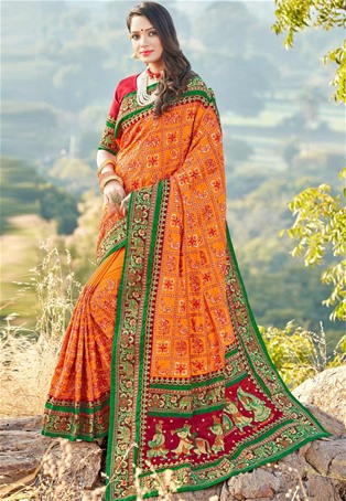 orange satin silk embroidered saree
