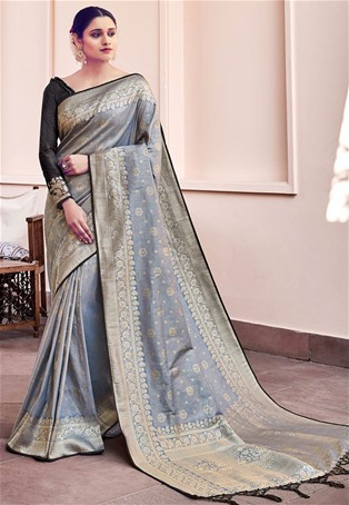 gray banarasi silk designer saree