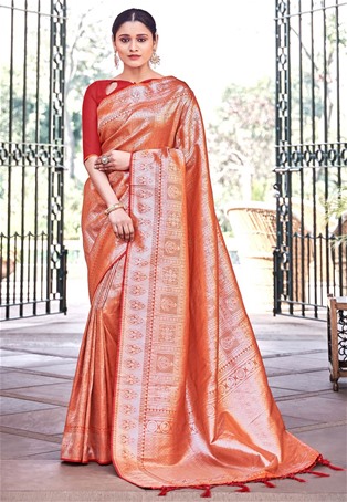 orange banarasi silk designer saree