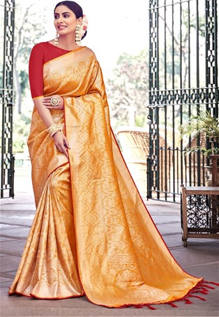 yellow banarasi silk designer saree