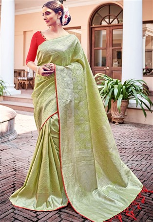 olive green banarasi silk designer saree
