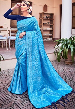 turquoise banarasi silk designer saree