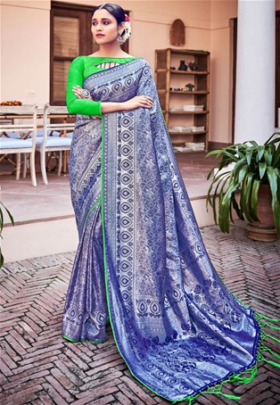blue banarasi silk designer saree