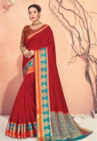 red cotton handloom saree